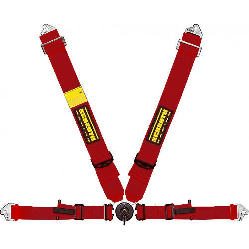 Schroth PROFI II asm Flexi Belt rot mit schwarz/gelbem SCHROTH RACING Logo links