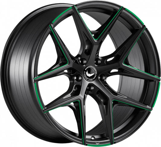 Barracuda Razzer mattblack green PureSports gefräst Alufelge 9.5x21 Zoll ET27 LK 5x112 ML73.1