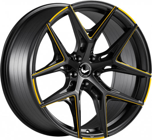 Barracuda Razzer mattblack yellowgold PureSports gefräst Alufelge 9.5x21 Zoll ET27 LK 5x112 ML73.1