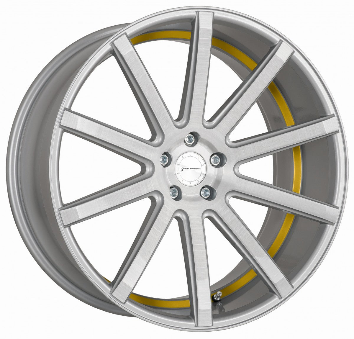 Corspeed Deville silver-brushed-surface / Undercut Color Trim gelb Alufelge 10.5x20 Zoll ET35 LK 5x112 ML73.1