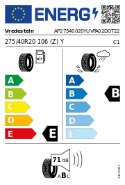 Vredestein Ultrac Vorti+ XL DOT22 275/40 R20 106 (Z)Y DOT DOT22 – EU-Reifenlabel